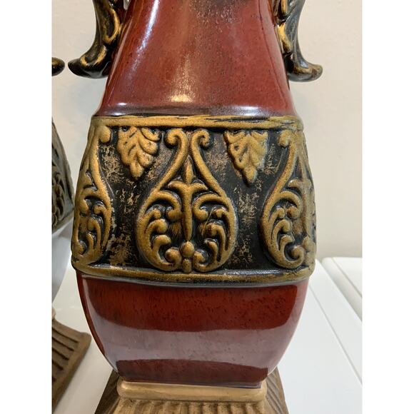 Vtg Ceramic Ornate Burgundy Red Black Gold Acanthus Leaf Pillar Candle Holders - Picture 5 of 8